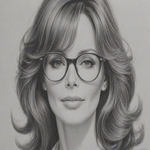 Pleasing Jaclyn Smith, pencil sketch, portrait of Stunning woman 1964s in glasses, hair style beatnik, outline, clear lines, fine lines, 8k