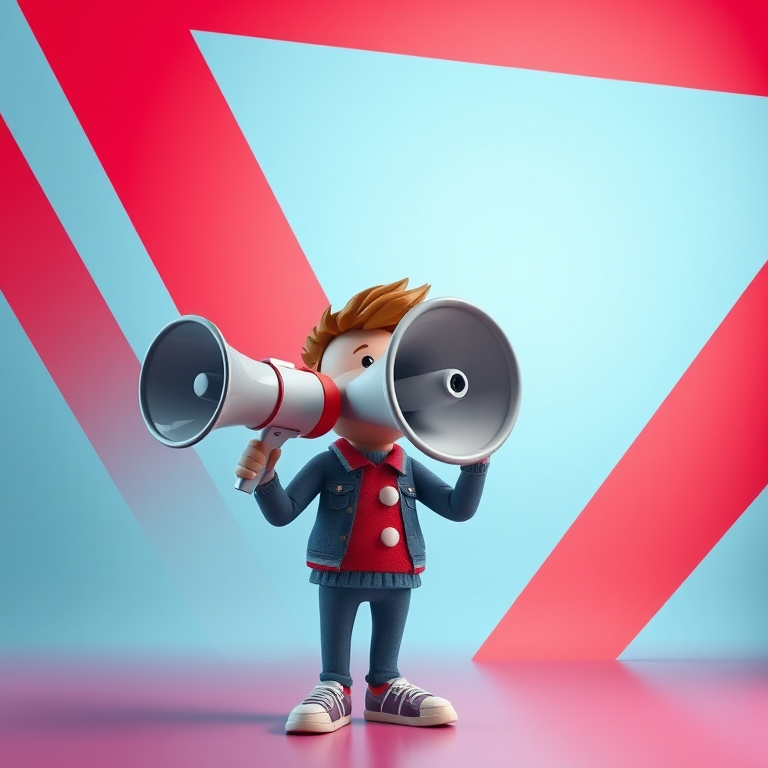 Create a 3D illustration of a character holding a megaphone, with vibrant abstract red and blue stripes in the background, using a Canon EOS R5 with a 50mm lens, aperture f/1.8, ISO 100, and soft natural lighting for enhanced quality.