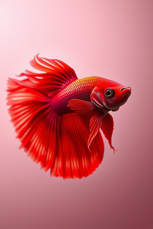 Generate a highly detailed illustration of a vibrant red betta fish with flowing fins, background in soft gradients, captured with a DSLR camera at f/2.8 aperture, 50mm lens, in macro view, with rich colors and sharp focus.