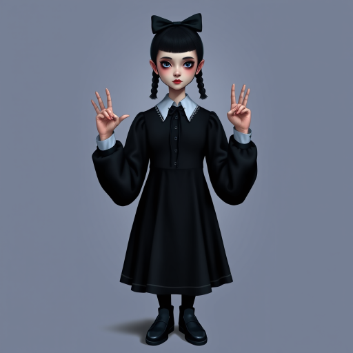 Digital art, full height portrait of Wednesday Addams, standing up with her hands in the air as if in a hold-up. Her dark, gothic attire replaces Alice’s classic blue dress, and she wears black shoes instead of blue. A small, neat black bow adorns her hair, capturing her signature style. The overall composition maintains a whimsical yet eerie tone, similar to Alice in Wonderland, while showcasing Wednesday’s iconic gothic charm.