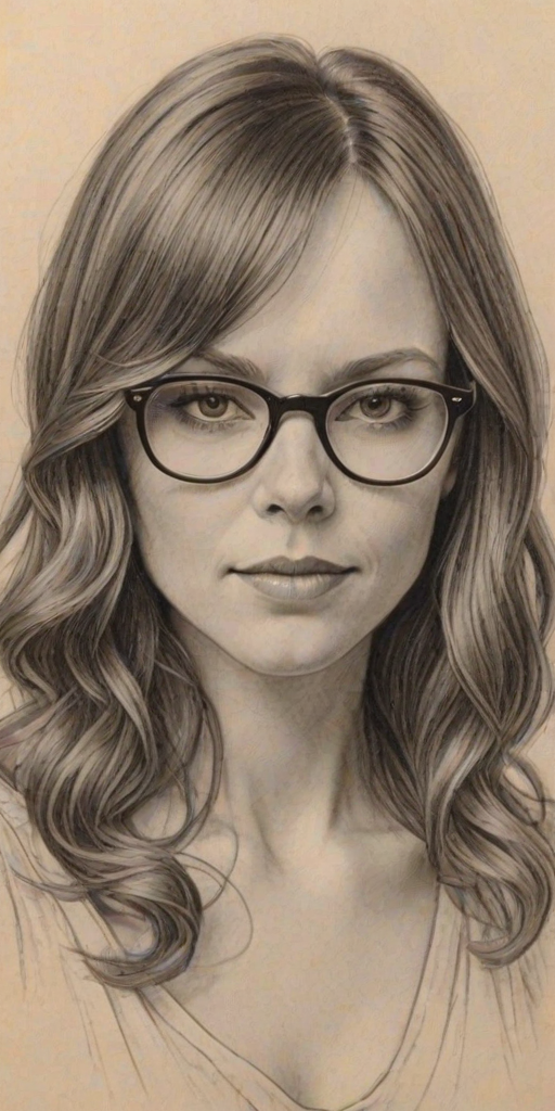 Exquisite Rachel Boston, pencil sketch, portrait of Stunning woman 1925s in glasses, hair style beatnik, outline, clear lines, fine lines, 8k