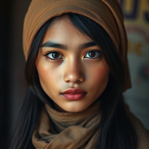 Create a portrait of a young Cambodian male with long, dark hair and captivating hazel eyes. She is wearing a brown headscarf and a matching scarf draped gracefully around her neck. The background is softly blurred, focusing attention on her serene and natural expression. The overall color palette is muted and warm, enhancing the intimate and authentic feel of the portrait.