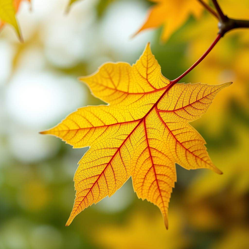create a detailed botanical illustration of a maple leaf with intricate veins, captured in high resolution using a DSLR camera with a 50mm lens, f/8 aperture, 1/250s shutter speed, soft natural light, and a shallow depth of field to enhance image quality and focus on the leaf details