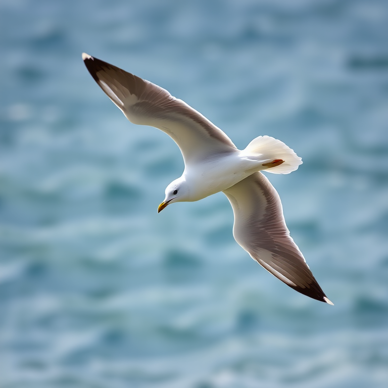 Create an image of a soaring seagull against a soft-focused ocean background, using a DSLR camera with a 50mm lens, aperture set to f/2.8, shutter speed of 1/1000s, ISO 200, in natural light, taken from a low angle to emphasize the bird's wingspan.