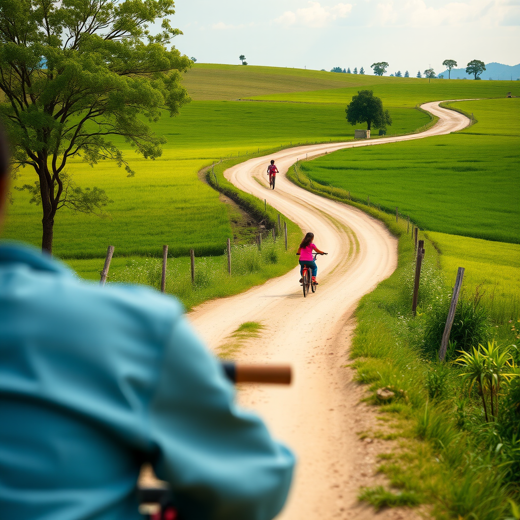 Capture a scenic view of a winding dirt road through lush green fields with two children riding bicycles, using a DSLR camera at f/2.8 aperture, 50mm focal length, ISO 200, shot from a slightly elevated angle to enhance depth, under soft natural lighting to emphasize colors.