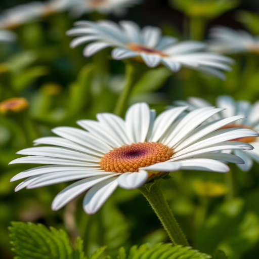 Generate a high-resolution image of a white daisy flower with detailed petals and vibrant green leaves, shot with a DSLR camera at f/2.8 aperture, 1/200 sec shutter speed, 50mm lens, macro view, natural lighting.