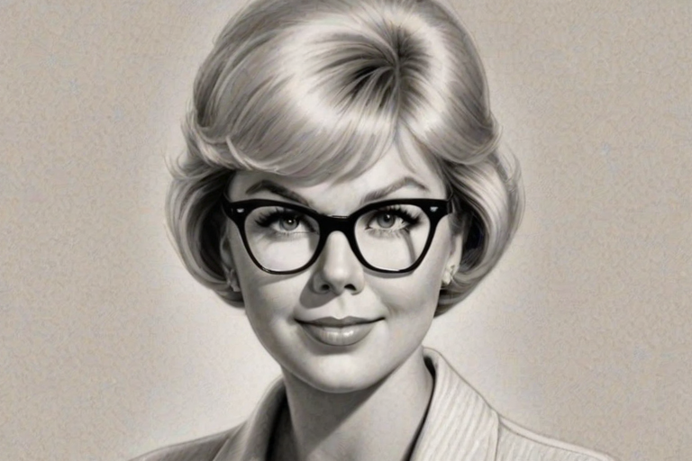 Attractive Doris Day, pencil sketch, portrait of Captivating woman 1959s in glasses, hair style beatnik, outline, clear lines, fine lines, 8k