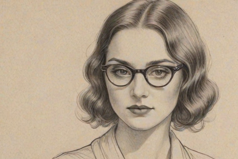 Elegant Kendall Vertes, pencil sketch, portrait of Sublime woman 1925s in glasses, hair style beatnik, outline, clear lines, fine lines, 8k