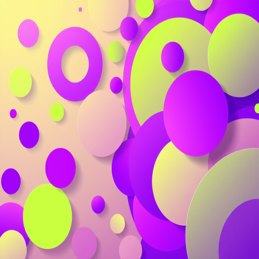 Create an abstract digital illustration featuring vibrant purple and green colors, with various sized circles and elongated shapes, using a high-resolution format, a wide-angle lens effect, and a modern graphic design style.