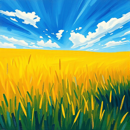 create a vibrant landscape painting with a bright blue sky and a golden yellow field, using an impressionist style, shot with a DSLR camera at f/8 aperture, ISO 100, and a focal length of 35mm for enhanced detail and color saturation.
