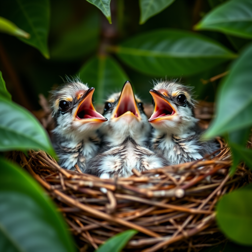 A close-up shot of three baby birds in a nest with their mouths open, surrounded by lush green leaves, shot with a Canon EOS 5D Mark IV, 50mm lens, aperture f/2.8, shutter speed 1/200 sec, ISO 400, natural light, shallow depth of field to enhance focus on the birds.
