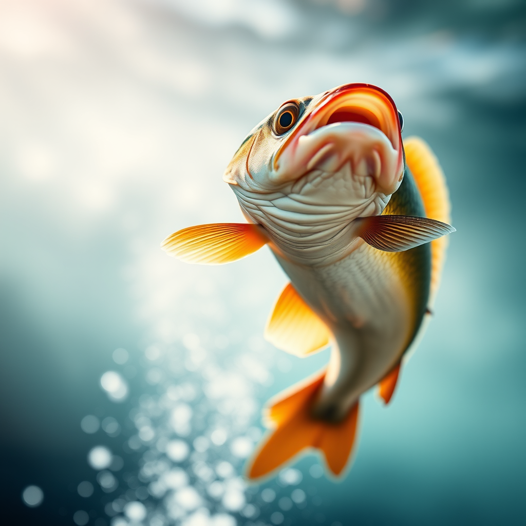 Create a high-resolution illustration of a leaping fish, using a macro camera type with a 50mm lens at f/2.8, shoot in natural light with a shallow depth of field to emphasize the fish's details against a blurred background.