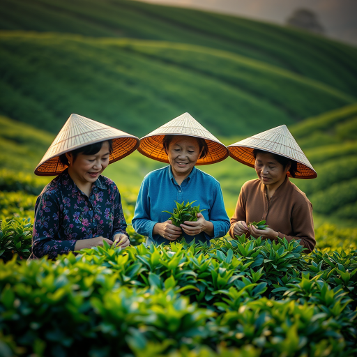 regenerate the image of three women in traditional conical hats picking tea leaves in lush green hills during golden hour, using a Canon EOS R5 with a 50mm f/1.2 lens, aperture at f/2.8, ISO 100, and a shallow depth of field to enhance background blur while capturing vibrant colors and soft lighting