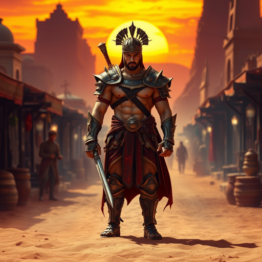 Create a richly detailed fantasy scene of a muscular warrior in ornate armor standing confidently in a desert marketplace, with a vibrant sunset casting warm light on the sand and surrounding structures, using a DSLR camera, 50mm lens, f/1.8 aperture, ISO 100, and a warm color palette to enhance the image quality.