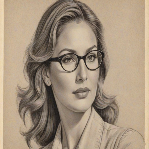 Enchanting Daisy Fuentes, pencil sketch, portrait of Magnificent woman 1934s in glasses, hair style beatnik, outline, clear lines, fine lines, 8k