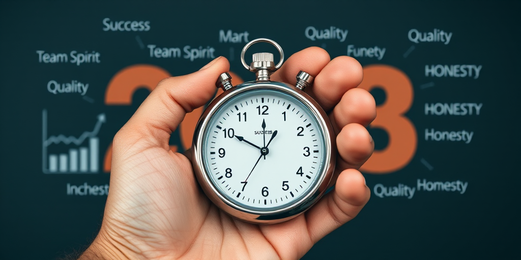 Create an image of a hand holding a stopwatch with the year 2023 displayed prominently in the background, include graphs and keywords like "Success", "Team Spirit", "Quality", and "Honesty" artistically integrated, using a DSLR camera with a 50mm lens, aperture f/1.8, ISO 100, natural lighting, and a shallow depth of field for enhanced focus and clarity.