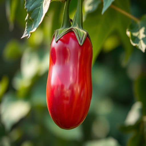 photograph of a vibrant eggplant hanging from a plant with soft bokeh background, taken with a Canon EOS 5D Mark IV, 85mm lens, aperture f/1.8, shutter speed 1/200 sec, ISO 100, natural lighting.