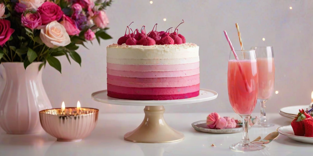 Generate an image of a beautiful layered cake with a smooth white top and a gradient frosting design transitioning from light pink to deep pink. The cake is displayed on a white pedestal stand, surrounded by elegant decorations and sparkling drinks. The background should have a festive atmosphere with subtle party decor elements.