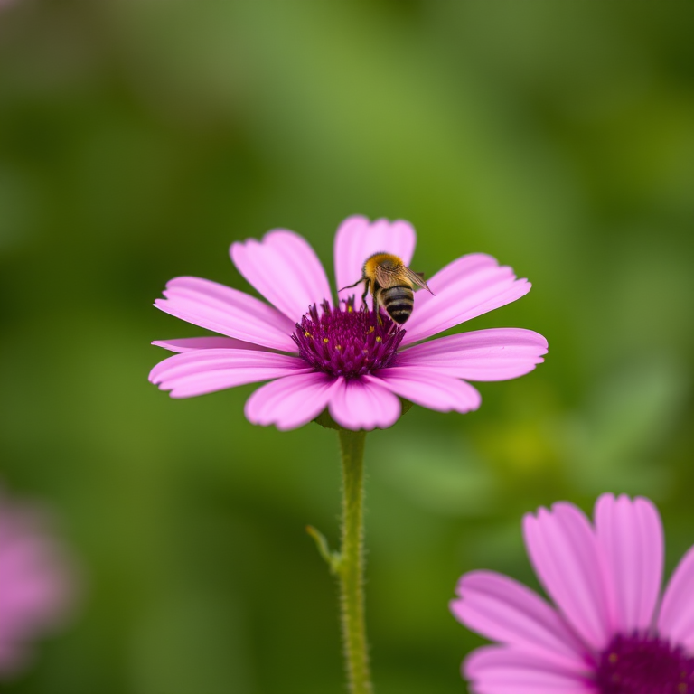 close-up of two pink flowers with a bee on one, soft blurred green background, ISO 100, f/2.8, 1/200s, macro lens, natural light, DSLR camera