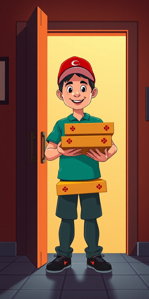 A cartoon illustration of a pizza delivery person with three pizza boxes standing at an open door, interior lighting illuminating the scene, shot with a DSLR camera at f/4 aperture, ISO 200, 50mm lens, front view, vibrant colors, high contrast.