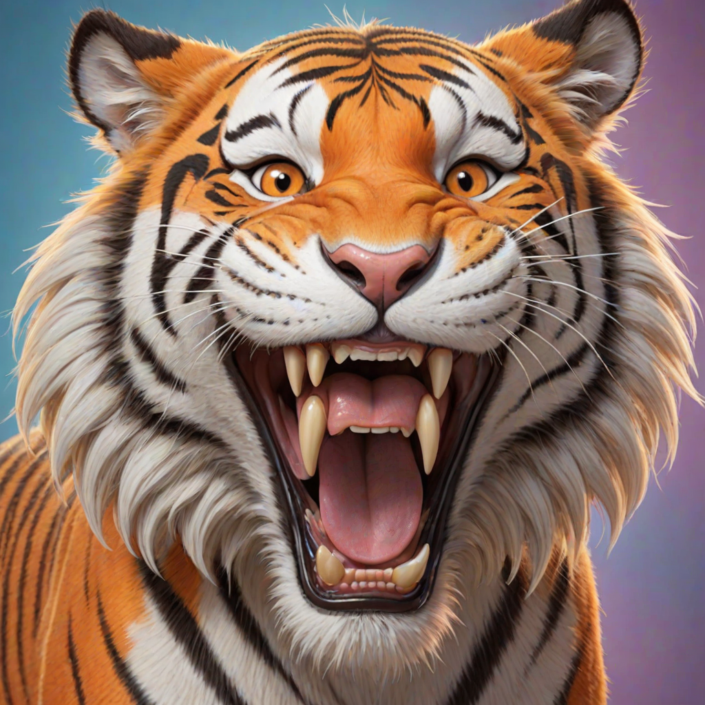 Disney style, cartoon illustration of an orange and white tiger with messy hair smiling very wide open mouth showing, in the Disney Pixar animation style, in the style of Don Bluth, full teeth body, with a very detailed face, very detailed eyes, very detailed fur, full color, very colorful, with a very colorful background, soft pastel colors, high resolution, high quality, high detail, hyper realistic