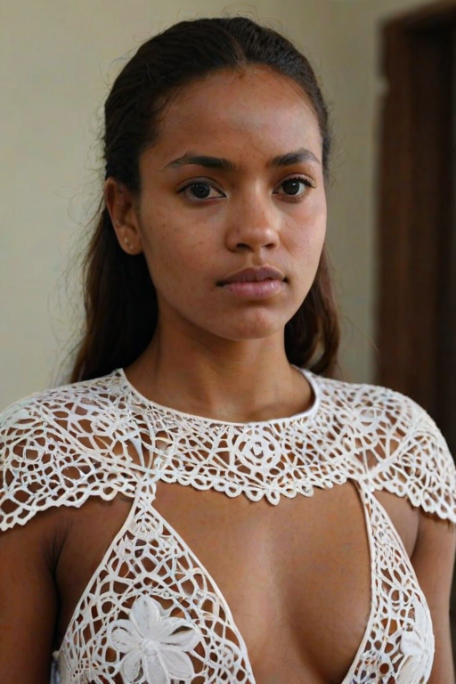 Face, shoulders, chest covered in openwork Cape Verdean embroidery. Raw, unedited image.