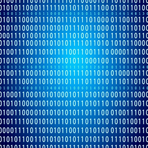 Create a high-resolution digital image of a binary code background with a gradient blue color scheme, camera type DSLR, aperture f/8, shutter speed 1/125s, ISO 200, shot from a slight angle to enhance depth.