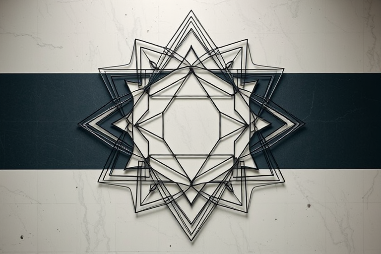 Generate a high-resolution image of an abstract geometric design featuring interconnected shapes and lines, captured with a Canon EOS R5 camera at f/8 aperture, ISO 100, and a 24mm lens, in a top-down view with soft lighting.
