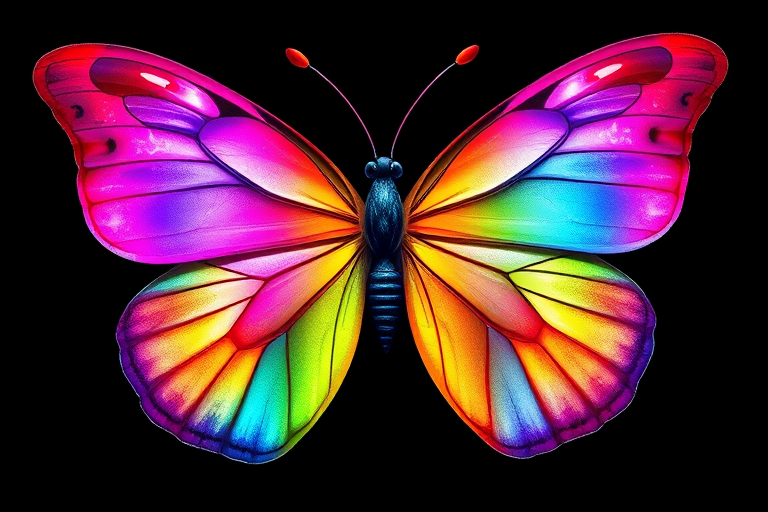Create a vibrant and colorful butterfly with a gradient of rainbow colors across its wings, featuring intricate patterns and a delicate, graceful appearance. The butterfly should have large, open wings showcasing shades of pink, purple, blue, green, and orange, with a smooth and glossy texture.