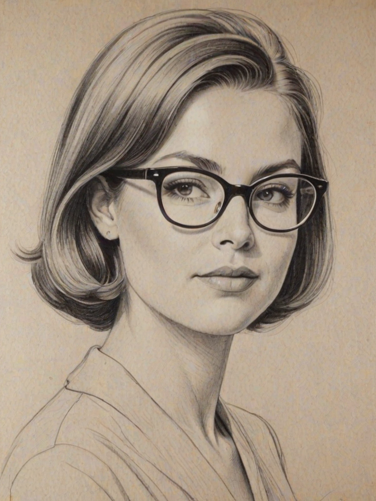 Beauteous Sophie Bush, pencil sketch, portrait of Beauteous woman 1960s in glasses, hair style beatnik, outline, clear lines, fine lines, 8k