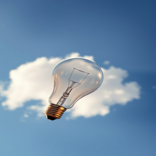 create an image of a transparent light bulb floating in a clear blue sky with a single fluffy white cloud, use a DSLR camera with a 50mm lens, aperture f/2.8, shutter speed 1/1000s, ISO 100, natural daylight, high dynamic range for enhanced brightness and clarity
