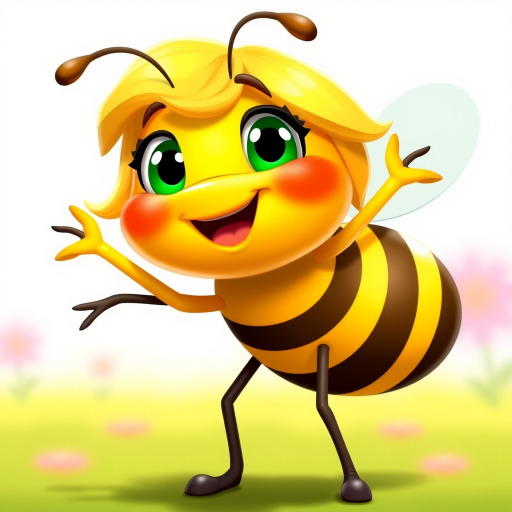 Create a vibrant cartoon character of a happy bee with blonde hair in a playful pose, using a DSLR camera with a 50mm lens, aperture f/1.8, ISO 100, taken from a slightly angled front view to enhance color saturation and detail.