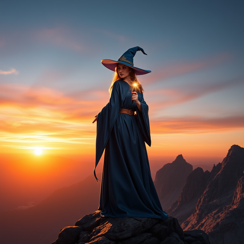 A majestic female mage in a blue robe and wizard hat, holding a glowing wand, standing on a rocky mountain peak with a panoramic view of a fantasy landscape at sunset, soft lighting, 35mm lens, f/4 aperture, ISO 100, captured with a DSLR camera in a cinematic style.