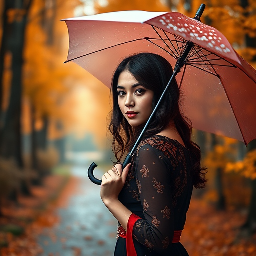 portrait of an elegant woman holding an umbrella in an autumn forest setting, soft diffused lighting, 50mm lens, f/1.8 aperture, 1/125 sec shutter speed, shallow depth of field, vibrant colors, digital painting style