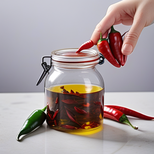 making chilli oil with fresh chillies and garlic