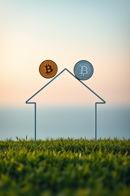 Generate an image of a minimalist house outline with two coins hovering above it, captured in a wide-angle view using a DSLR camera at f/8 aperture, ISO 100, and 1/200 sec shutter speed, with a soft gradient sky and vibrant green grass for enhanced image quality.