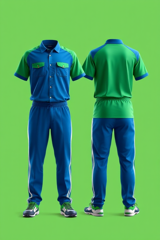 Create a high-resolution image of a blue and green sports uniform design featuring a button-up shirt with two front pockets and matching pants with white stripes, captured with a DSLR camera, f/2.8 aperture, 50mm lens, and natural daylight for optimal lighting and clarity, showing both front and back views side by side.