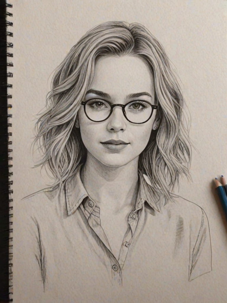 Stunning Bridgit Mendler, pencil sketch, portrait of Bewitching woman 1921s in glasses, hair style beatnik, outline, clear lines, fine lines, 8k