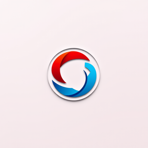 Create a high-resolution graphic of a circular logo featuring a red and blue abstract design, with a smooth gradient background, using a Canon EOS R5 at f/8, ISO 100, 50mm lens, in a flat lay style.