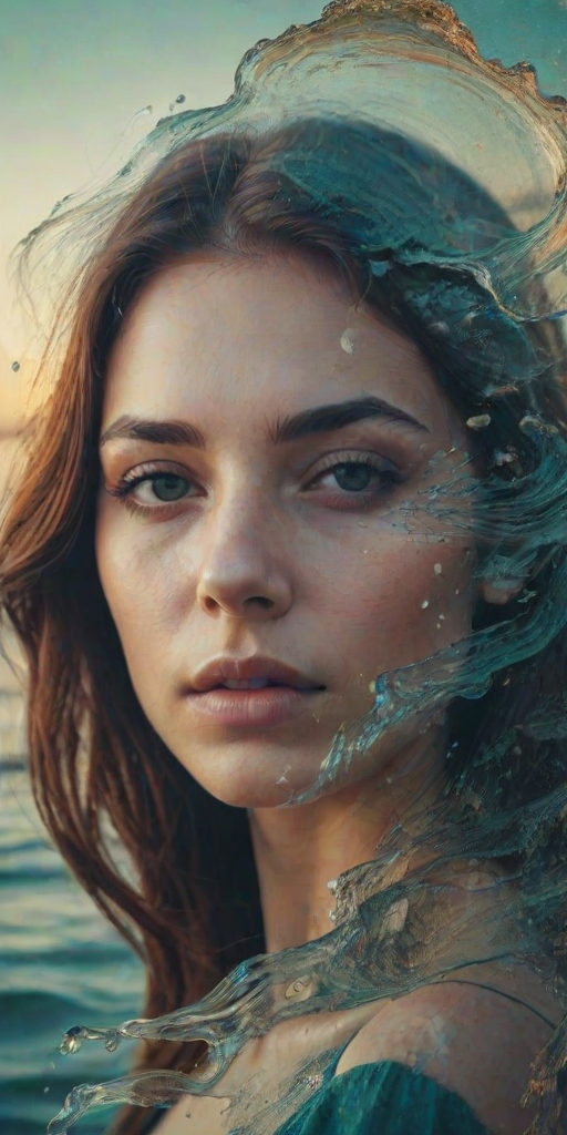 this photo is Book cover, A surreal double exposure portrait that blends a woman's face with a beautiful seascape. The overall mood is dreamy and mystical, with rich colors and intricate details