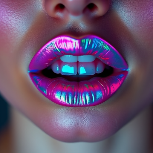 Holographic lips with iridescent rainbow hues, shifting colors as the light changes, creating a mesmerizing and futuristic appearance for a sci-fi inspired photoshoot