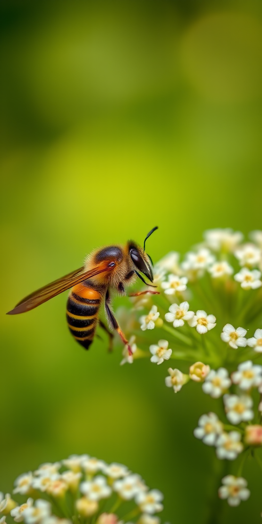 macro shot of a hornet on tiny white flowers with a blurred green background, aperture f/2.8, shutter speed 1/200s, ISO 100, 100mm lens, shallow depth of field, natural light, DSLR camera