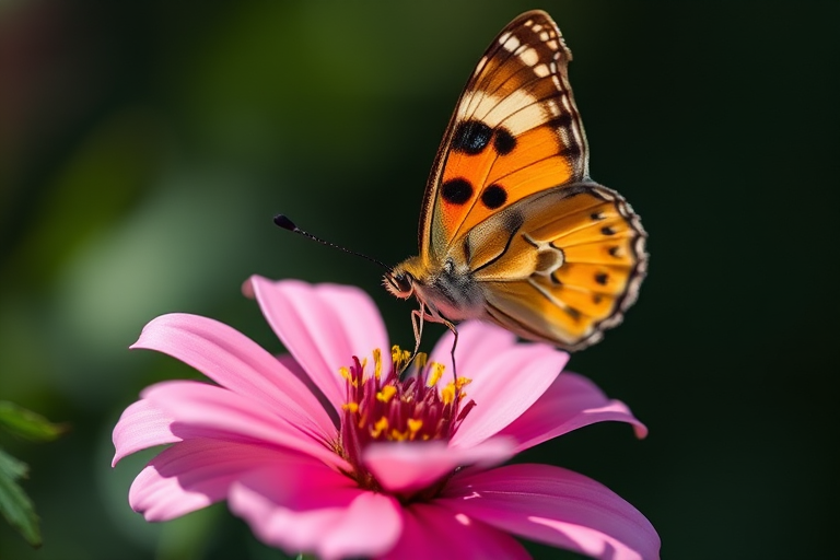 Butterfly perched on a pink flower with a blurred dark background, macro lens, f/2.8 aperture, 1/200 sec shutter speed, ISO 100, natural light, shallow depth of field.