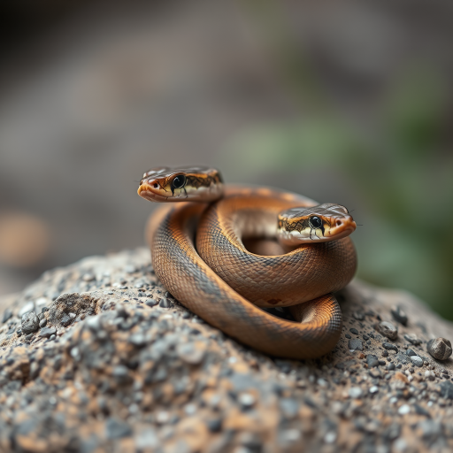 Capture a close-up shot of two intertwined snakes resting on a textured rock surface in a natural habitat, using a DSLR camera with a 50mm lens, aperture set to f/2.8, ISO 200, and a soft focus background for enhanced depth of field.