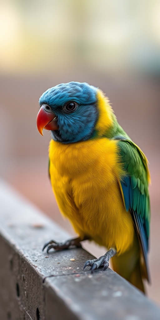 capture a close-up of a colorful bird with vibrant yellow and blue feathers perched on a ledge, shallow depth of field, soft bokeh background, natural lighting, DSLR camera settings: f/2.8 aperture, ISO 200, shutter speed 1/500s, focal length 100mm, focus on the bird's details.