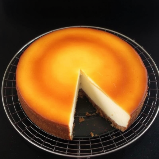 A freshly baked cheesecake with a golden brown top, resting on a round wire rack, with a slice removed revealing its creamy interior and crumbly crust, set against a dark surface.