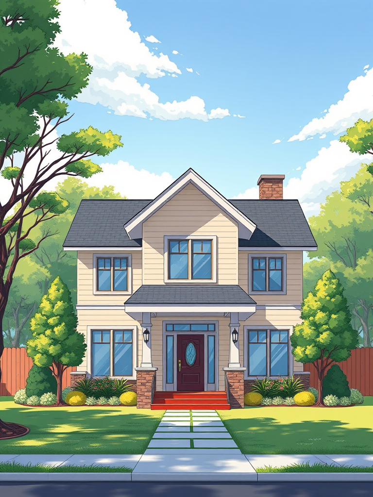 Create a detailed illustration of a modern house with a welcoming entrance, surrounded by lush trees and a clear sky, shot in a high-resolution format using a DSLR camera at f/8 aperture, 24mm focal length, 1/200 sec shutter speed, ISO 100, in daylight for vibrant colors and sharp details.