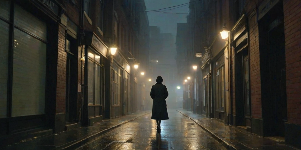 Foggy alleyway in a quiet city, streetlights casting a dim glow on the wet pavement, a woman in a long coat walks slowly, her hands tucked in her pockets as she passes by shuttered shops.