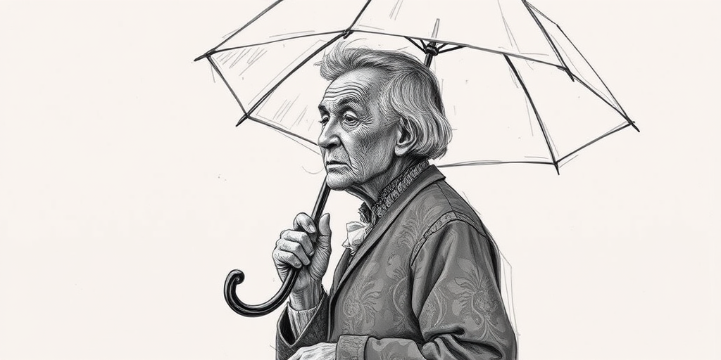Generate a high-resolution sketch of an elderly figure holding an umbrella, dressed in vintage clothing with intricate patterns, captured in a side view with soft lighting, using a DSLR camera with a 50mm lens, aperture set at f/1.8, ISO 200, and a shallow depth of field for enhanced image quality.
