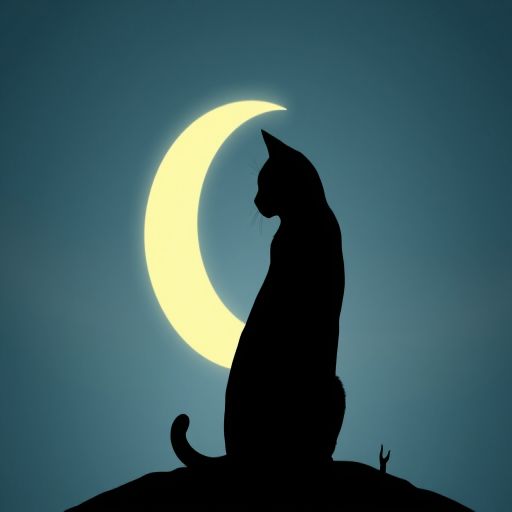 Generate an illustration of a stylized black cat silhouette with a crescent moon, captured with a Canon EOS R5 at ISO 100, f/2.8 aperture, 50mm lens, in a soft focus view for a dreamy effect.